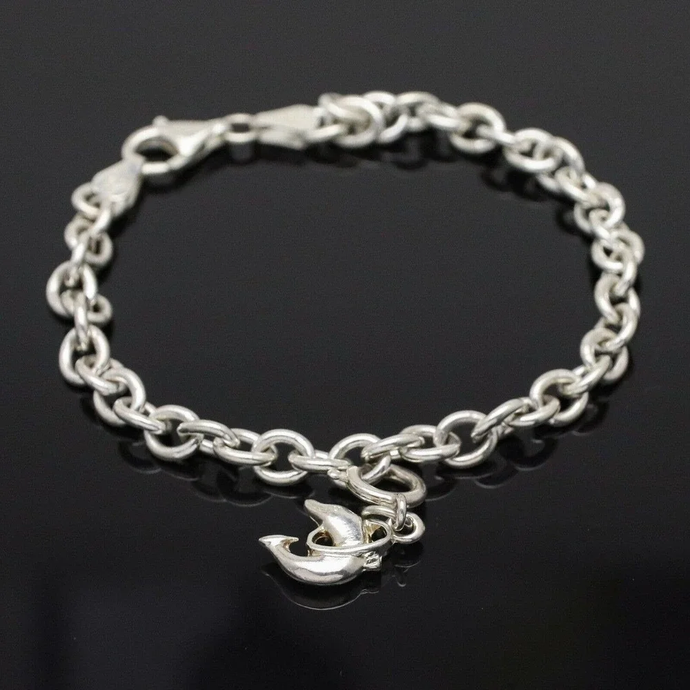 Vintage SU Sterling Silver 925 Dolphin Charm Link Bracelet 7.5
